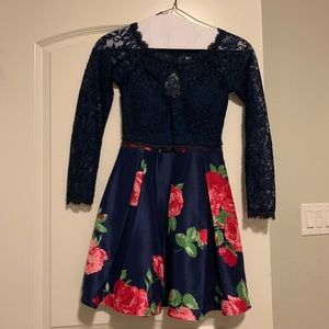 Navy blue lace and floral homecoming dress